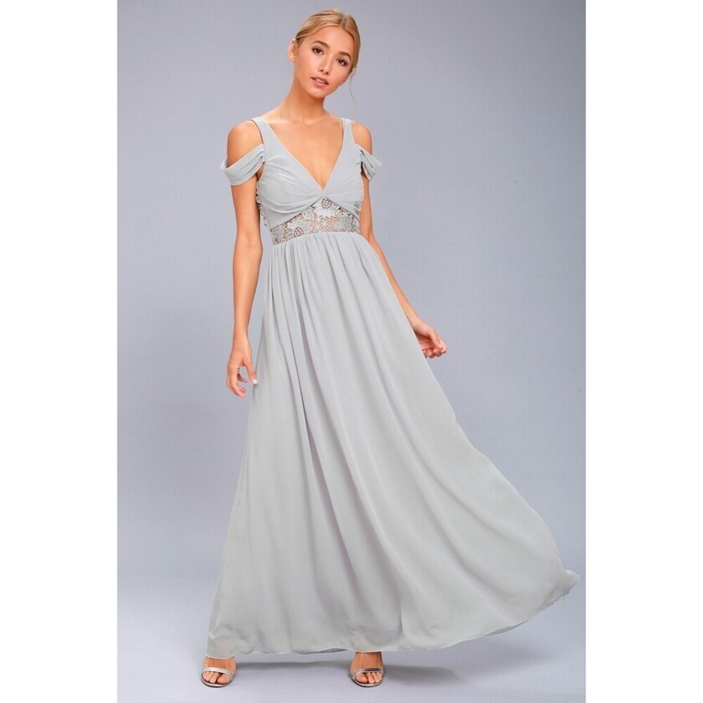 NWT Lulus Have This Dance Grey Lace Off-the-shoulder Maxi Dress - Size Medium